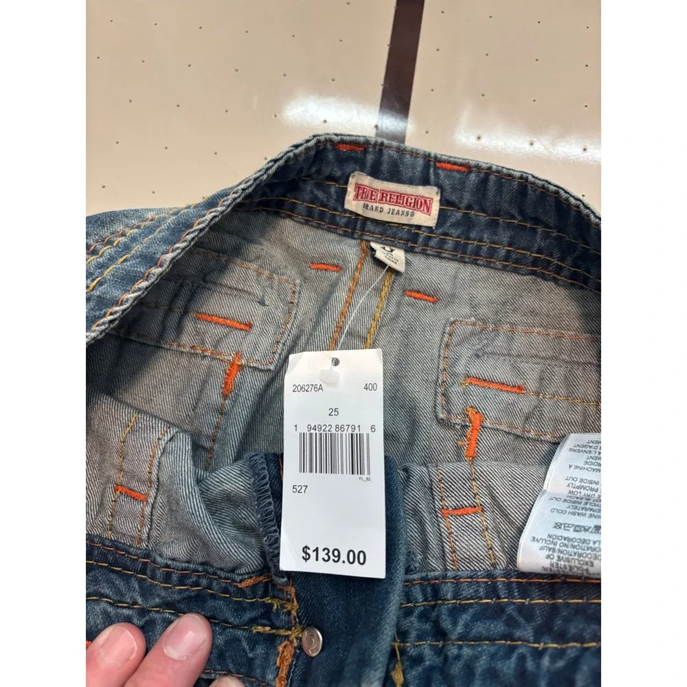 257 True Religion Mosaic Canyon Cargo Pant Big T Blue Denim Wide Leg  Size 25
